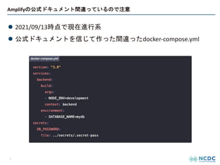 Amplifyの公式ドキュメント間違っているので注意
l 2021/09/13時点で現在進行系
l 公式ドキュメントを信じて作った間違ったdocker-compose.yml
7
 