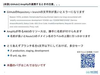 (余談) GitHubとAmplifyの連携するときの注意、、、
l GitHubのRepository + branchの文字列が長いとエラーになります
l Amplifyが作るAWSのリソースは、勝手に名前が付けられます
l 名前が長いとRoute53のドメイン名のラベルの上限に引っかかります
l とりあえずブランチ名を6文字以下にしておけば、多分セーフ
l ✗ production, staging, development
l ◎ prd, stg, dev
l 本題のバグはこれではないです
9
本件でZennに記事書いてます
 