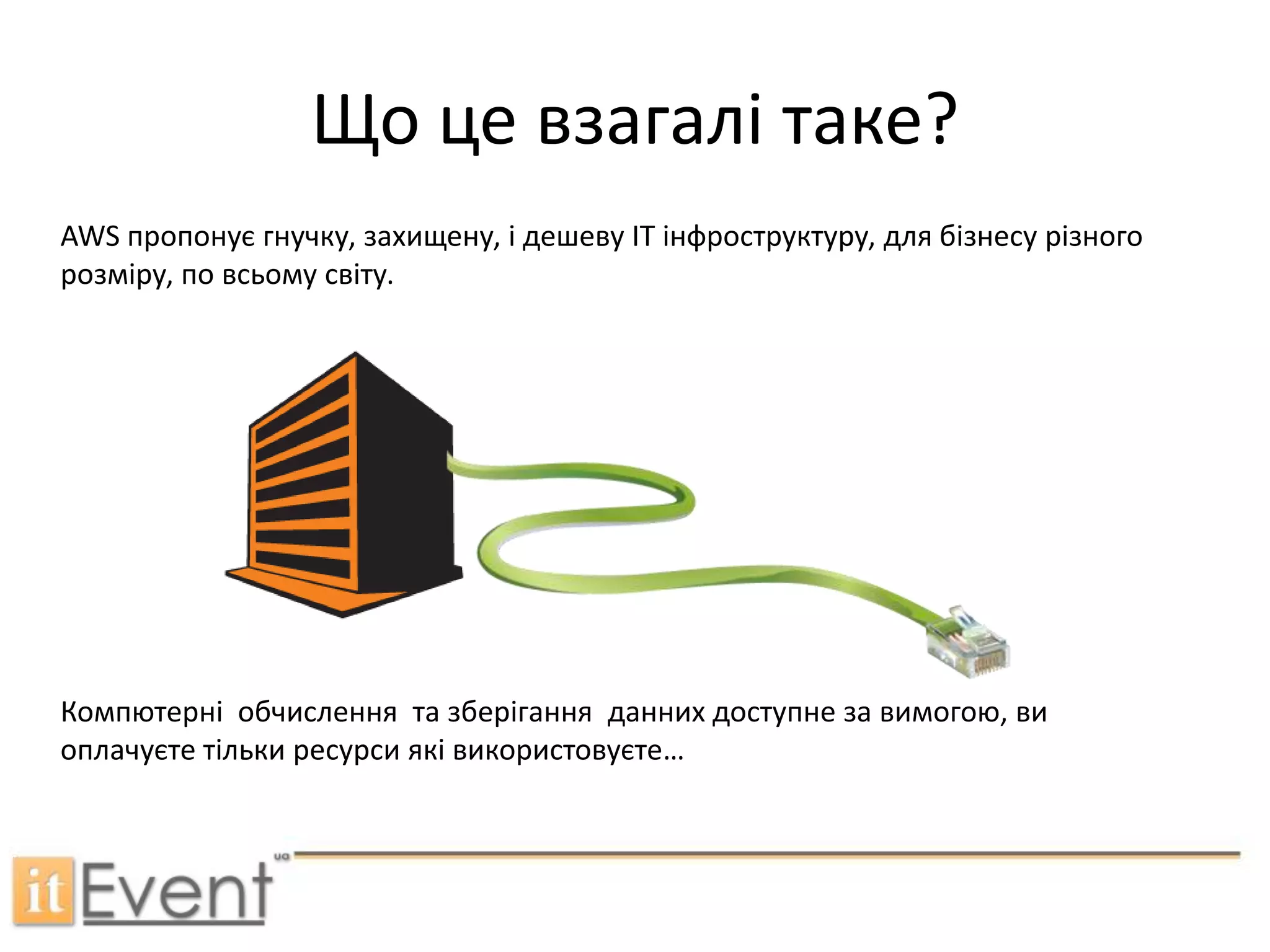 Що це взагалі таке?AWS пропонує гнучку, захищену, ідешеву IT інфроструктуру,для бізнесу різного розміру, по всьому світу.Компютерні обчислення та зберігання даннихдоступне за вимогою, ви оплачуєте тільки ресурси які використовуєте…