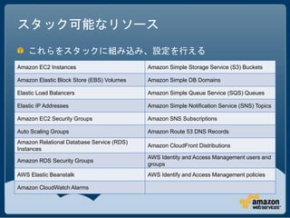 スタック可能なリソース
    これらをスタックに組み込み、設定を行える
Amazon EC2 Instances                       Amazon Simple Storage Service (S3) Buckets

Amazon Elastic Block Store (EBS) Volumes   Amazon Simple DB Domains

Elastic Load Balancers                     Amazon Simple Queue Service (SQS) Queues

Elastic IP Addresses                       Amazon Simple Notification Service (SNS) Topics

Amazon EC2 Security Groups                 Amazon SNS Subscriptions

Auto Scaling Groups                        Amazon Route 53 DNS Records
Amazon Relational Database Service (RDS)
                                           Amazon CloudFront Distributions
Instances
                                           AWS Identity and Access Management users and
Amazon RDS Security Groups
                                           groups
AWS Elastic Beanstalk                      AWS Identify and Access Management policies

Amazon CloudWatch Alarms
 