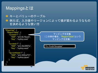 Mappingsとは
     キーとバリューのテーブル
     例えば、入力値やリージョンによって値が変わるようなもの
     を決めるような使い方
"Mappings" : {
   "RegionTable" : {
     "us-east-1" : {                   マッピングを定義
        "AMI" : "ami-8c1fece5“,   （この例の場合、”RegionTable”という
        “Key” : “myKey-east”          マッピングを定義）
     },
     "us-west-1" : {
        "AMI" : "ami-3bc9997e“,    “Fn::FindInTemplate”
        “Key” : “myKey-west”
     },
     "ap-northeast-1" : {
        "AMI" : "ami-300ca731“,
        “Key” : “myKey-japan”
     }
   }
 },
 