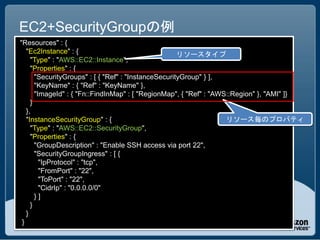 EC2+SecurityGroupの例
"Resources" : {
   "Ec2Instance" : {                                  リソースタイプ
     "Type" : "AWS::EC2::Instance",
     "Properties" : {
       "SecurityGroups" : [ { "Ref" : "InstanceSecurityGroup" } ],
       "KeyName" : { "Ref" : "KeyName" },
       "ImageId" : { "Fn::FindInMap" : [ "RegionMap", { "Ref" : "AWS::Region" }, "AMI" ]}
     }
   },
   "InstanceSecurityGroup" : {                                      リソース毎のプロパティ
     "Type" : "AWS::EC2::SecurityGroup",
     "Properties" : {
       "GroupDescription" : "Enable SSH access via port 22",
       "SecurityGroupIngress" : [ {
         "IpProtocol" : "tcp",
         "FromPort" : "22",
         "ToPort" : "22",
         "CidrIp" : "0.0.0.0/0"
       }]
     }
   }
 }
 