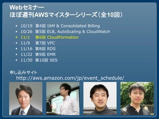 Webセミナー
ほぼ週刊AWSマイスターシリーズ（全10回）
    10/19   第4回 IAM & Consolidated Billing
    10/26   第5回 ELB, AutoScaling & CloudWatch
    11/1    第6回 CloudFormation
    11/9    第7回 VPC
    11/16   第8回 RDS
    11/22   第9回 EMR
    11/30   第10回 SES


申し込みサイト
 http://aws.amazon.com/jp/event_schedule/
 