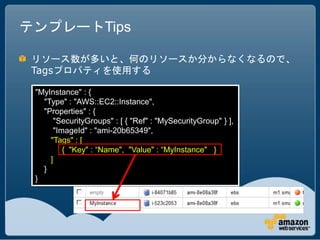 テンプレートTips

 リソース数が多いと、何のリソースか分からなくなるので、
 Tagsプロパティを使用する

 "MyInstance" : {
   "Type" : "AWS::EC2::Instance",
   "Properties" : {
      "SecurityGroups" : [ { "Ref" : "MySecurityGroup" } ],
      "ImageId" : "ami-20b65349",
     "Tags" : [
         { "Key" : “Name", "Value" : “MyInstance" }
     ]
   }
 }
 