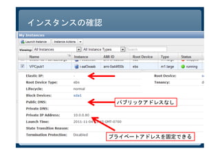 インスタンスの確認




             パブリックアドレスなし




            プライベートアドレスを固定できる
 