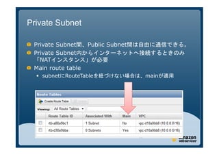 Private Subnet

 Private Subnet間、Public Subnet間は自由に通信できる。
 Private Subnet内からインターネットへ接続するときのみ
 「NATインスタンス」が必要
 Main route table
   subnetにRouteTableを紐づけない場合は、mainが適用
 