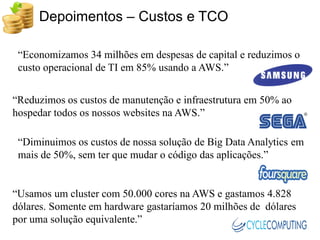 Depoimentos – Custos e TCO

 “Economizamos 34 milhões em despesas de capital e reduzimos o
 custo operacional de TI em 85% usando a AWS.”


“Reduzimos os custos de manutenção e infraestrutura em 50% ao
hospedar todos os nossos websites na AWS.”

 “Diminuimos os custos de nossa solução de Big Data Analytics em
 mais de 50%, sem ter que mudar o código das aplicações.”


“Usamos um cluster com 50.000 cores na AWS e gastamos 4.828
dólares. Somente em hardware gastaríamos 20 milhões de dólares
por uma solução equivalente.”
 