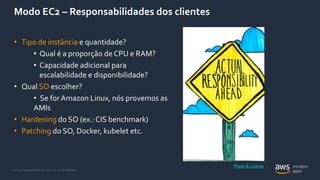 © 2020, Amazon Web Services, Inc. or its Affiliates.
Modo EC2 – Responsabilidades dos clientes
• Tipo de instância e quantidade?
• Qual é a proporção de CPU e RAM?
• Capacidade adicional para
escalabilidade e disponibilidade?
• Qual SO escolher?
• Se for Amazon Linux, nós provemos as
AMIs
• Hardening do SO (ex.: CIS benchmark)
• Patching do SO, Docker, kubelet etc.
Photo & Licence
 