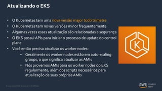 © 2020, Amazon Web Services, Inc. or its Affiliates.
Atualizando o EKS
• O Kubernetes tem uma nova versão major todo trimetre
• O Kubernetes tem novas versões minor frequentemente
• Algumas vezes essas atualização são relacionadas a segurança
• O EKS possui APIs para iniciar o processo de update do control
plane
• Você então precisa atualizar os worker nodes:
• Geralmente os worker nodes estão em auto-scaling
groups, o que significa atualizar as AMIs
• Nós provemosAMIs para os worker nodes do EKS
regularmente, além dos scripts necessários para
atualização de suas próprias AMIs
 