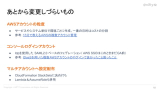 あとから変更しづらいもの
AWSアカウントの粒度
● サービスやシステム単位で環境ごとに作成、一番の目的はコストの分割
● 参考：15分で教えるAWSの複数アカウント管理
コンソールログインアカウント
● Idpを使用した SAML2.0 ベースのフェデレーション（ AWS SSOはこのときまだGA前）
● 参考：IDaaSを用いた複数AWSアカウントのログインで良かったこと困ったこと
マルチアカウントへ設定配布
● CloudFormation StackSetsに決め打ち
● Lambda＆AssumeRoleも併用
10 
 