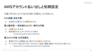 大量に作らないといけなくなる前に自動化していきました。
PoC段階：完全手動
● 全部GUIで実行して3時間はかかる
導入最初期：一部自動化＆フロー実行は手動
● 1時間くらいかかる
● 実処理をセキュリティアカウントで実行
○ Lambda＆CloudFormation StackSets
導入から1年後：ほぼ自動化
● 新規アカウント情報を S3に投げて20分待つとできてる
● ワークフロー部分はマスターアカウントに設定（権限分離のつもりが少々歪だった）
○ StepFunction (Lambda＆CloudFormation StackSets)
AWSアカウント払い出しと初期設定
16 
 