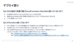 なんでOU追加で自動で動くCloudFormation StackSets使っていないの？
● OU移動で消されたくないものと消してもいいものを分類
● 複数StackSetsあると実行順番が考慮されないため 1つのStackSetにまとめる
● これら結構しんどいため
なんでTerraform使ってないの？
● CFnで管理していた方が新機能などで恩恵受けられる可能性が高いかなという期待からです
● CDK使い出してからは辛さが減りましたし使い続けています
● Visional様がOrganizationsとTerraformをいいバランスで使って管理されていて、
これもいいなと思ってます。簡単には真似できそうにないですが。。
○ 参考：100を超えるAWSアカウント運用におけるガードレール構築事例
○ 参考：CUS-06：大規模な組織変遷と100以上のAWSアカウントの横断的セキュリティガードレール運用について
デプロイ周り
40 
 