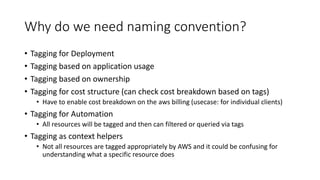 Why do we need naming convention?
• Tagging for Deployment
• Tagging based on application usage
• Tagging based on ownership
• Tagging for cost structure (can check cost breakdown based on tags)
• Have to enable cost breakdown on the aws billing (usecase: for individual clients)
• Tagging for Automation
• All resources will be tagged and then can filtered or queried via tags
• Tagging as context helpers
• Not all resources are tagged appropriately by AWS and it could be confusing for
understanding what a specific resource does
 