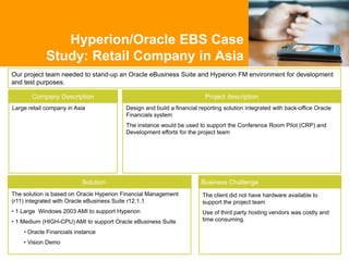 Our project team needed to stand-up an Oracle eBusiness Suite and Hyperion FM environment for development
and test purposes.
Hyperion/Oracle EBS Case
Study: Retail Company in Asia
Business Challenge
Project description
Large retail company in Asia
Company Description
Solution
Design and build a financial reporting solution integrated with back-office Oracle
Financials system
The instance would be used to support the Conference Room Pilot (CRP) and
Development efforts for the project team
The solution is based on Oracle Hyperion Financial Management
(r11) integrated with Oracle eBusiness Suite r12.1.1
• 1 Large Windows 2003 AMI to support Hyperion
• 1 Medium (HIGH-CPU) AMI to support Oracle eBusiness Suite
• Oracle Financials instance
• Vision Demo
The client did not have hardware available to
support the project team
Use of third party hosting vendors was costly and
time consuming.
 