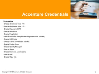 Accenture Credentials
Current AMIs
• Oracle eBusiness Suite r11i
• Oracle eBusiness Suite r12.x
• Oracle Hyperion / EPM
• Oracle Demantra
• Oracle PeopleSoft
• Oracle Business Intelligence Enterprise Edition (OBIEE)
• Oracle SOA Suite
• Oracle Fusion Middleware (AFPO)
• Oracle Fusion Apps
• Oracle Identity Manager
• Oracle Siebel
• Oracle Business Accelerators
• Oracle GRC
• Oracle OEM 12c
16Copyright © 2013 Accenture All Rights Reserved.
 