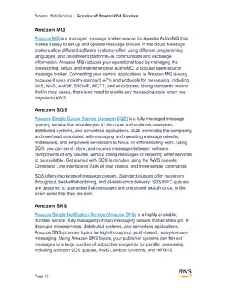 Amazon Web Services – Overview of Amazon Web Services
Page 15
Amazon MQ
Amazon MQ is a managed message broker service for Apache ActiveMQ that
makes it easy to set up and operate message brokers in the cloud. Message
brokers allow different software systems–often using different programming
languages, and on different platforms–to communicate and exchange
information. Amazon MQ reduces your operational load by managing the
provisioning, setup, and maintenance of ActiveMQ, a popular open-source
message broker. Connecting your current applications to Amazon MQ is easy
because it uses industry-standard APIs and protocols for messaging, including
JMS, NMS, AMQP, STOMP, MQTT, and WebSocket. Using standards means
that in most cases, there’s no need to rewrite any messaging code when you
migrate to AWS.
Amazon SQS
Amazon Simple Queue Service (Amazon SQS) is a fully managed message
queuing service that enables you to decouple and scale microservices,
distributed systems, and serverless applications. SQS eliminates the complexity
and overhead associated with managing and operating message oriented
middleware, and empowers developers to focus on differentiating work. Using
SQS, you can send, store, and receive messages between software
components at any volume, without losing messages or requiring other services
to be available. Get started with SQS in minutes using the AWS console,
Command Line Interface or SDK of your choice, and three simple commands.
SQS offers two types of message queues. Standard queues offer maximum
throughput, best-effort ordering, and at-least-once delivery. SQS FIFO queues
are designed to guarantee that messages are processed exactly once, in the
exact order that they are sent.
Amazon SNS
Amazon Simple Notiﬁcation Service (Amazon SNS) is a highly available,
durable, secure, fully managed pub/sub messaging service that enables you to
decouple microservices, distributed systems, and serverless applications.
Amazon SNS provides topics for high-throughput, push-based, many-to-many
messaging. Using Amazon SNS topics, your publisher systems can fan out
messages to a large number of subscriber endpoints for parallel processing,
including Amazon SQS queues, AWS Lambda functions, and HTTP/S
 