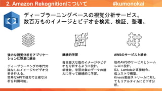 2. Amazon Rekognitionについて
ディープラーニングベースの視覚分析サービス。
数百万ものイメージとビデオを検索、検証、整理。
強力な視覚分析をアプリケー
ションに容易に統合
ディープラーニングの専門知
識なしにイメージやビデオ分
析を行える。
簡単なAPIで強力で正確な分
析を利用可能。
継続的学習
毎日膨大な数のイメージやビデ
オを分析するように設計。
新機能、学習対象のデータの増
大に伴って継続的に学習。
AWSのサービスと統合
他のAWSのサービスとシーム
レスに設計。
S3、Lambdaと直接統合。
低コストで構築。
Kinesis動画ストリームに対し
てもリアルタイムにビデオ分
析。
#kumonokai
 