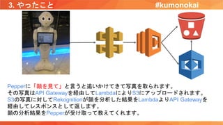 3. やったこと
Pepperに「顔を見て」と言うと追いかけてきて写真を取られます。
その写真はAPI Gatewayを経由してLambdaによりS3にアップロードされます。
S3の写真に対してRekognitionが顔を分析した結果をLambdaよりAPI Gatewayを
経由してレスポンスとして返します。
顔の分析結果をPepperが受け取って教えてくれます。
#kumonokai
 