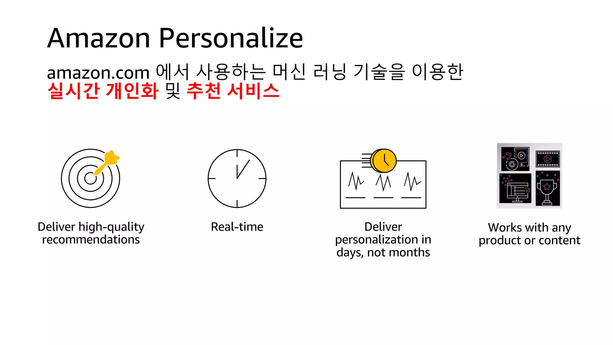 Deliver high-quality
recommendations
Deliver
personalization in
days, not months
Real-time Works with any
product or content
Amazon Personalize
amazon.com 에서 사용하는 머신 러닝 기술을 이용한
실시간 개인화 및 추천 서비스
 
