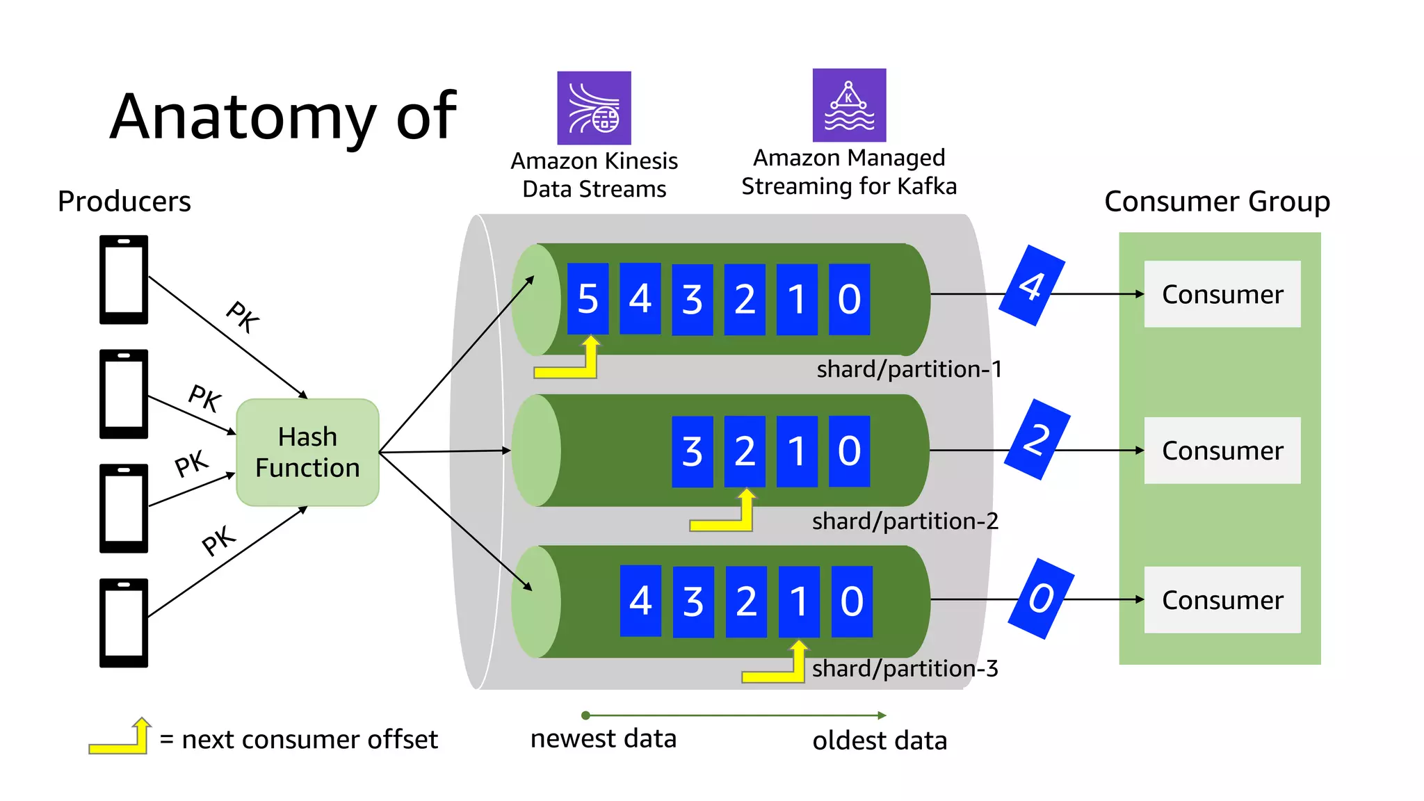 Hash
Function
Consumer
Consumer
Consumer
Consumer Group
PK
PK
PK
PK
= next consumer offset oldest data
newest data
Amazon Kinesis
Data Streams
Amazon Managed
Streaming for Kafka
Producers
shard/partition-1
shard/partition-2
5 4 3 2 1 0
3 2 1 0
4 3 2 1 0
4
2
0
shard/partition-3
Anatomy of
 