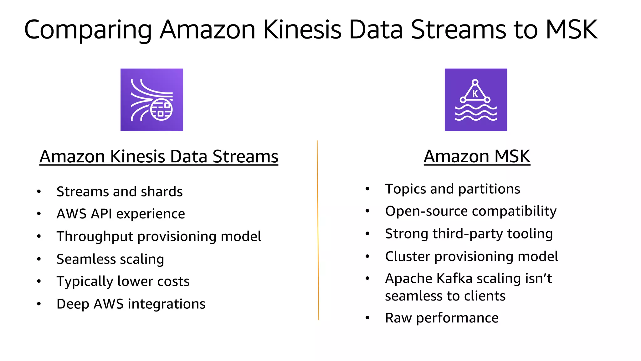 Comparing Amazon Kinesis Data Streams to MSK
• Streams and shards
• AWS API experience
• Throughput provisioning model
• Seamless scaling
• Typically lower costs
• Deep AWS integrations
• Topics and partitions
• Open-source compatibility
• Strong third-party tooling
• Cluster provisioning model
• Apache Kafka scaling isn’t
seamless to clients
• Raw performance
Amazon Kinesis Data Streams Amazon MSK
 