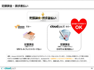 定額課金・請求書払い




                                                       従来通りの手続きで

                                                          OK




  通常、Amazon EC2/S3では、従量課金によるUSドルでのクレジットカード払いとなっています。この支払い形態がネックで導入を見合
  わせていたお客様にもより簡単に導入いただけるよう、cloudpackでは『定額課金による日本円での請求書払い』を行っています。
  お客様から、直接AWSを利用する上での懸念を取り除き、予算化しやすく、稟議も通しやすい、従来通りの手続きとなっております。




                                                                        15
 