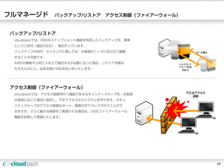 フルマネージド        バックアップ/リストア       アクセス制御（ファイアーウォール）



バックアップ/リストア
 cloudpackでは、EBSのスナップショット機能を利用したバックアップを、標準
 として二世代（過去2日分）、毎日行っています。
 バックアップの世代、タイミングに関しては、お客様のニーズに合わせて調整
 することも可能です。
 AWSの障害や人的ミスなどで復旧するが必要になった場合、リストア作業は
 もちろんのこと、出来る限りのお手伝いをいたします。




アクセス制御（ファイアーウォール）
 cloudpackでは、アクセス制御を行う機能であるセキュリティグループを、お客様
 の用途に応じて適切に設定し、不正アクセスからシステムを守ります。セキュ
 リティグループのアクセス制御はポート、接続元IPアドレスで行うことがで
 きますが、さらに細かな制御をご希望される場合は、OSのファイアーウォール
 機能を利用して実現いたします。




                                                     17
 