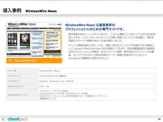 導入事例              WirelessWire News



                                                    WirelessWire News は通信業界の
                                                    プロフェッショナルのための専門サイトです。
                                                       毎日更新のあるニュースサイトなので、システム構成としてはシンプルなCMSを採
                                                       用してます。しかしスモールスタートで次第に成長していくことを前提に、将来を
                                                       見据えたサーバー環境のあるべき姿の検討しました。
                                                       サーバー環境の設計にあたっては、成長に合わせてインフラの拡張ができる環境と
                                                       して Amazon Web Services をまず検討してますが、完全従量課金制では費用見
                                                       込みが立てにくいことの懸念、加えてサーバー運用・保守対応のアウトソースを要
                                                       望、そしてアクセスピーク時の迅速なサーバー増強が可能なサービスとして
                                                       cloudpackが最終的に採用されました。
 URL：http:://wirelesswire.jp/



 サイト名                           WirelessWire News

 クライアント                         WirelessWire News編集部

 ミドルウェア                         Apache、Movable Type、MySQL

 AWSプロダクト                       EC2、S3

                                コンサルティングプランを導入。
                                cloudpackオリジナルAMI（CentOS 5.4）を利用。
 cloudpackサービス
                                EBSのスナップショットによる世代管理された、定期的なバックアップ。
                                各種監視サービス。




                                                                                                        19
 