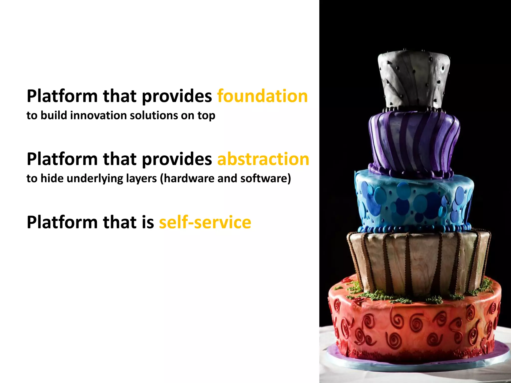 Platform that provides foundation
to build innovation solutions on top


Platform that provides abstraction
to hide underlying layers (hardware and software)


Platform that is self-service
 