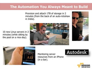 The Automation You Always Meant to Build
                     Provision and attach 1TB of storage in 2
                     minutes (from the back of an auto-rickshaw
                     in India).




10 new Linux servers in 2
minutes (while sitting by
the pool on a nice day).




                                Monitoring server
                                resources from an iPhone
                                (in a bar).
 