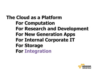 The Cloud as a Platform
    For Computation
    For Research and Development
    For New Generation Apps
    For Internal Corporate IT
    For Storage
    For Integration
 