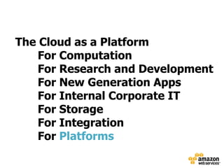 The Cloud as a Platform
    For Computation
    For Research and Development
    For New Generation Apps
    For Internal Corporate IT
    For Storage
    For Integration
    For Platforms
 