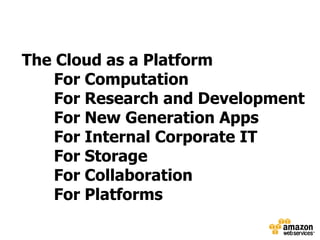 The Cloud as a Platform
    For Computation
    For Research and Development
    For New Generation Apps
    For Internal Corporate IT
    For Storage
    For Collaboration
    For Platforms
 