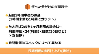 使った分だけの従量課金
• 起動1時間単位の課金
– たとえば2台を1ヶ月利用の場合は…
時間単価×24(時間)×日数(30日など)×2(台数)
– 時間単価はインスタンスタイプ(スペック)によって異なる
– 1時間未満も1時間にカウント
長期利用の割引もあり(後述)
0.020$(時間単価) × 24(時間) × 30(日) ×2(台) = 28.8$
例：t2.micro
2台を1ヶ月利用
 