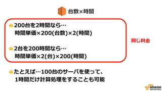 台数×時間
• 下記は同じ料金
– 200台を2時間利用… 時間単価×200(台数)×2(時間)
– 2台を200時間利用… 時間単価×2(台)×200(時間)
• たとえば…100台のサーバを使って、
1時間だけ計算処理をすることも可能
0.020$(時間単価) × 400(時間分) = 8.0$例：t2.micro
 