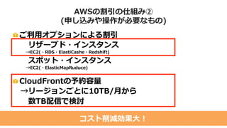 AWSの割引の仕組み①
・ご利用が増えると自動的に単価が安くなるもの
– データ転送量やS3ストレージ料金など
・随時行われる価格改定
– 規模の経済・運用効率化による
– サービス開始から40回以上の値下げ実績あり
 