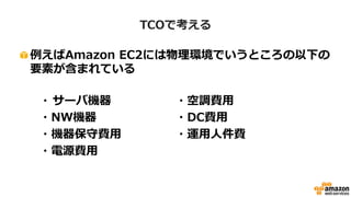 概算算出時のポイント②
• 物理環境と同じ感覚でサイジングしない
– サーバやDBの台数やスペック、ディスクサイズなどは、
いつでも変更できる
– 「3年後の成長を踏まえたスペックで…」などは不要
– 検証環境やスタンバイ機も常に用意しておく必要は無い
 