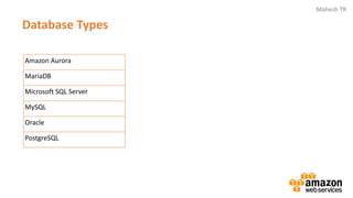 Mahesh TR
Database Types
Amazon Aurora
MariaDB
Microsoft SQL Server
MySQL
Oracle
PostgreSQL
 