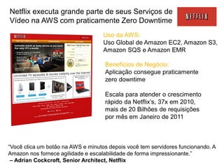 Netflix executa grande parte de seus Serviços de
Vídeo na AWS com praticamente Zero Downtime
                                    Uso da AWS:
                                    Uso Global de Amazon EC2, Amazon S3,
                                    Amazon SQS e Amazon EMR

                                    Benefícios de Negócio:
                                    Aplicação consegue praticamente
                                    zero downtime

                                    Escala para atender o crescimento
                                    rápido da Netflix’s, 37x em 2010,
                                    mais de 20 Bilhões de requisições
                                    por mês em Janeiro de 2011



“Você clica um botão na AWS e minutos depois você tem servidores funcionando. A
Amazon nos fornece agilidade e escalabilidade de forma impressionante.”
 – Adrian Cockcroft, Senior Architect, Netflix
 