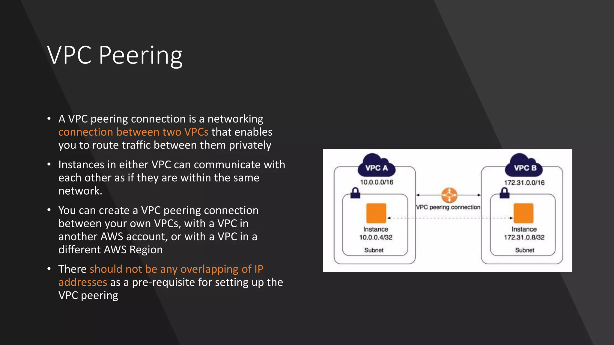 VPC Peering
• A VPC peering connection is a networking
connection between two VPCs that enables
you to route traffic between them privately
• Instances in either VPC can communicate with
each other as if they are within the same
network.
• You can create a VPC peering connection
between your own VPCs, with a VPC in
another AWS account, or with a VPC in a
different AWS Region
• There should not be any overlapping of IP
addresses as a pre-requisite for setting up the
VPC peering
 