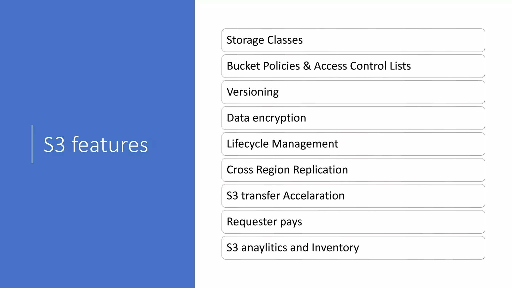S3 features
Storage Classes
Bucket Policies & Access Control Lists
Versioning
Data encryption
Lifecycle Management
Cross Region Replication
S3 transfer Accelaration
Requester pays
S3 anaylitics and Inventory
 