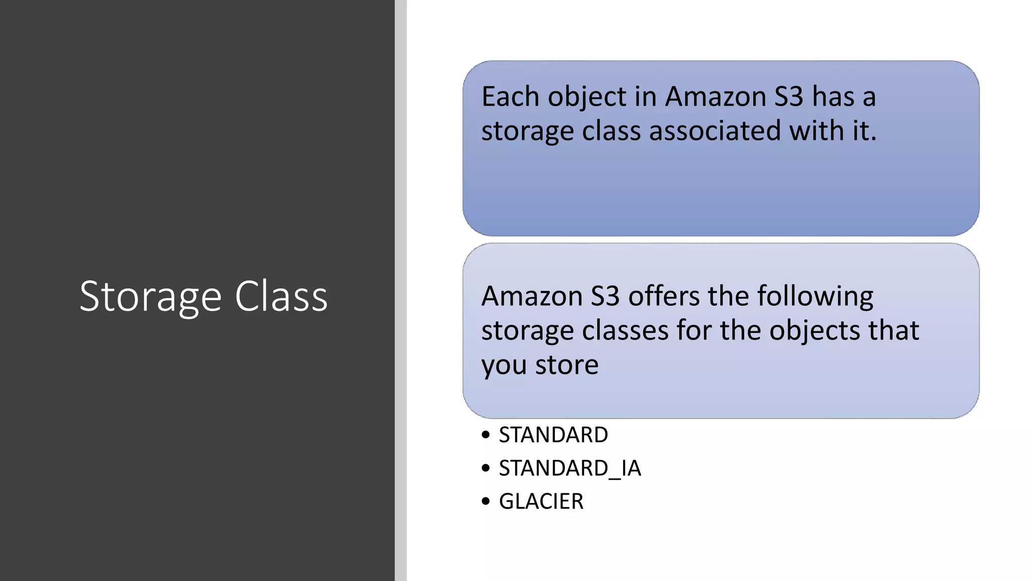 Storage Class
Each object in Amazon S3 has a
storage class associated with it.
Amazon S3 offers the following
storage classes for the objects that
you store
• STANDARD
• STANDARD_IA
• GLACIER
 