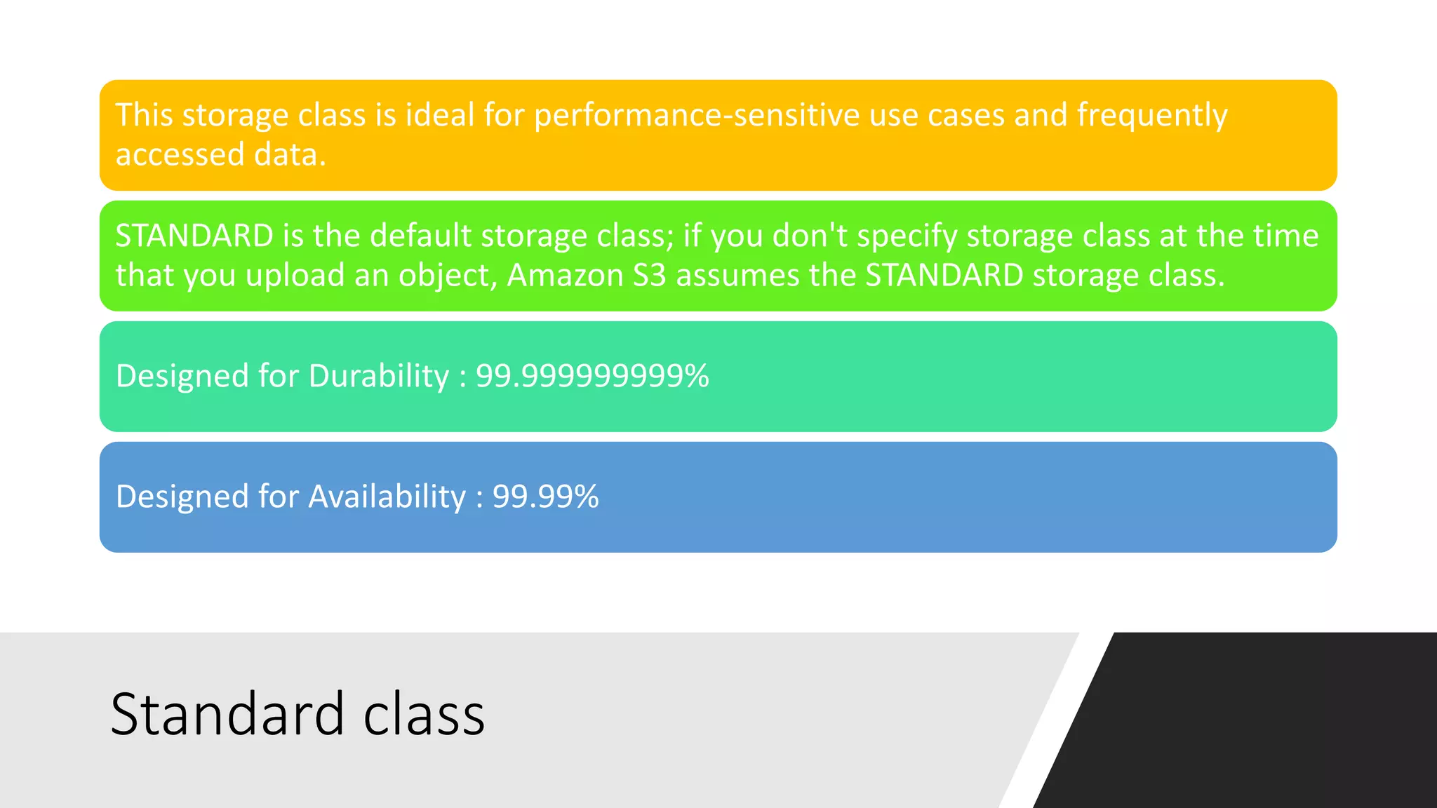 Standard class
This storage class is ideal for performance-sensitive use cases and frequently
accessed data.
STANDARD is the default storage class; if you don't specify storage class at the time
that you upload an object, Amazon S3 assumes the STANDARD storage class.
Designed for Durability : 99.999999999%
Designed for Availability : 99.99%
 