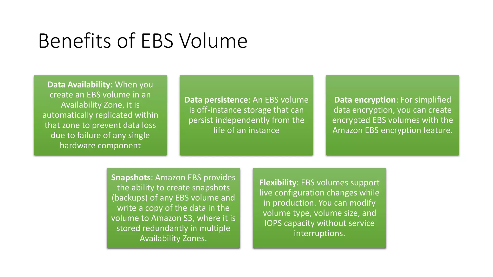 Benefits of EBS Volume
Data Availability: When you
create an EBS volume in an
Availability Zone, it is
automatically replicated within
that zone to prevent data loss
due to failure of any single
hardware component
Data persistence: An EBS volume
is off-instance storage that can
persist independently from the
life of an instance
Data encryption: For simplified
data encryption, you can create
encrypted EBS volumes with the
Amazon EBS encryption feature.
Snapshots: Amazon EBS provides
the ability to create snapshots
(backups) of any EBS volume and
write a copy of the data in the
volume to Amazon S3, where it is
stored redundantly in multiple
Availability Zones.
Flexibility: EBS volumes support
live configuration changes while
in production. You can modify
volume type, volume size, and
IOPS capacity without service
interruptions.
 