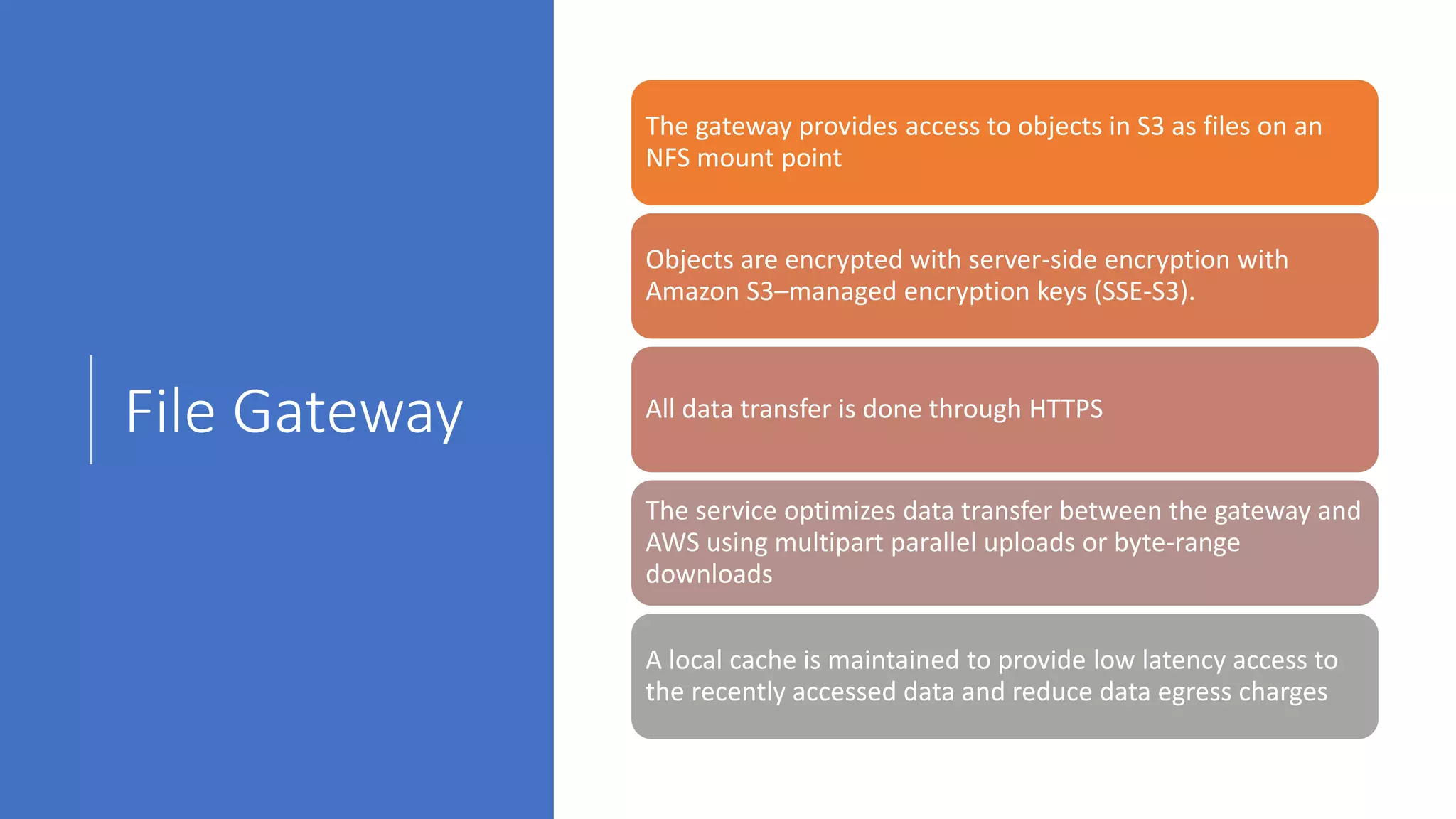 File Gateway
The gateway provides access to objects in S3 as files on an
NFS mount point
Objects are encrypted with server-side encryption with
Amazon S3–managed encryption keys (SSE-S3).
All data transfer is done through HTTPS
The service optimizes data transfer between the gateway and
AWS using multipart parallel uploads or byte-range
downloads
A local cache is maintained to provide low latency access to
the recently accessed data and reduce data egress charges
 