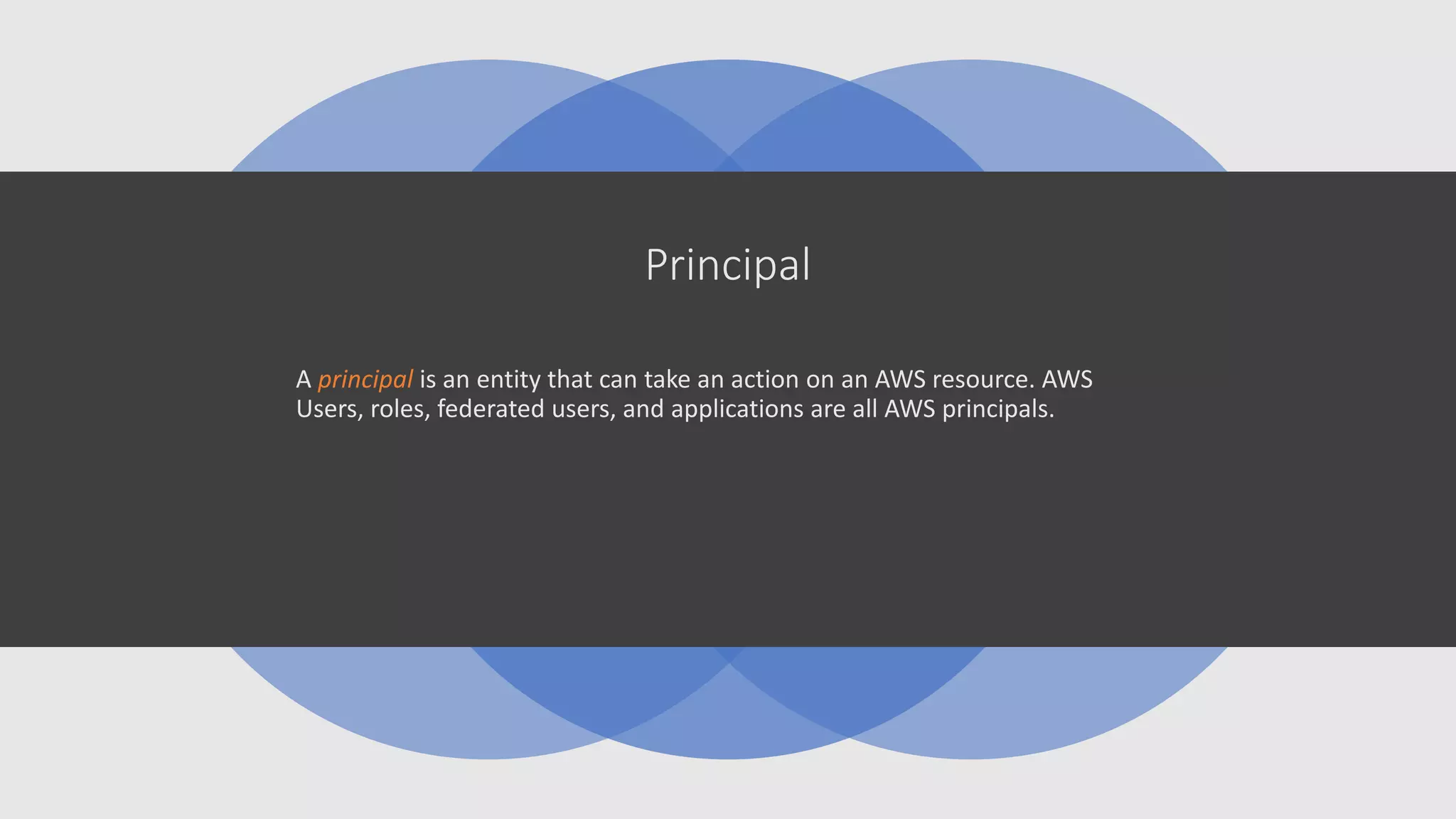 Principal
A principal is an entity that can take an action on an AWS resource. AWS
Users, roles, federated users, and applications are all AWS principals.
 