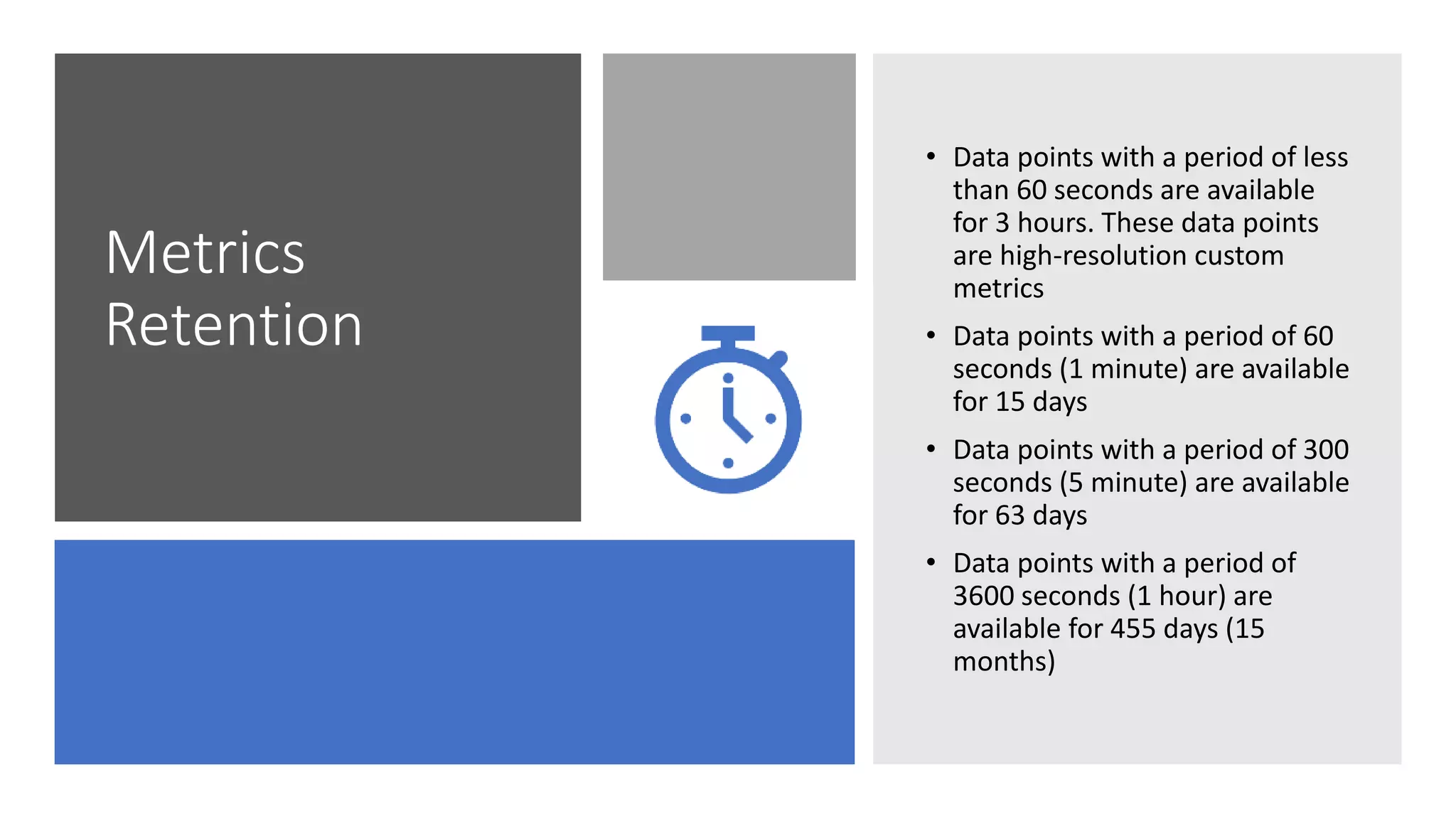 Metrics
Retention
• Data points with a period of less
than 60 seconds are available
for 3 hours. These data points
are high-resolution custom
metrics
• Data points with a period of 60
seconds (1 minute) are available
for 15 days
• Data points with a period of 300
seconds (5 minute) are available
for 63 days
• Data points with a period of
3600 seconds (1 hour) are
available for 455 days (15
months)
 