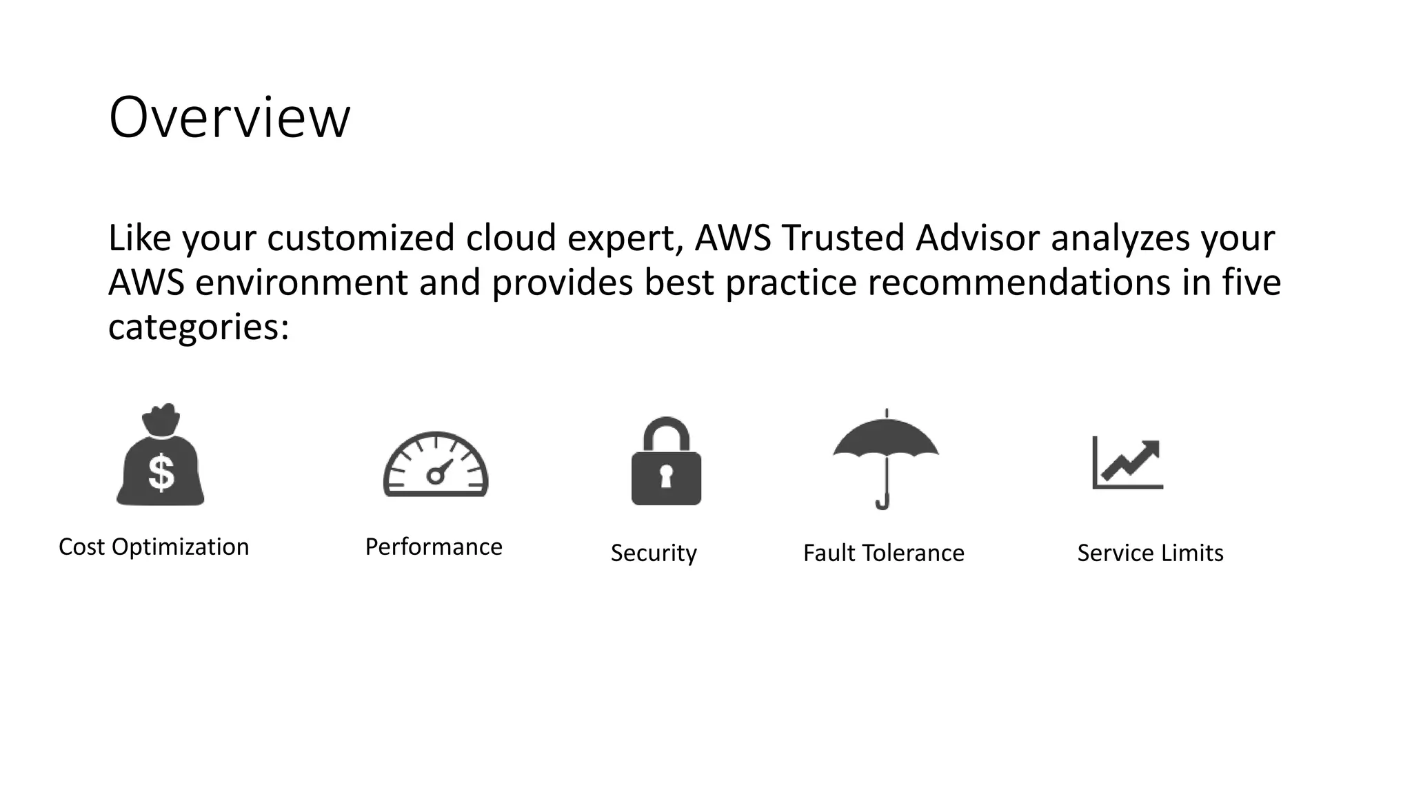 Overview
Like your customized cloud expert, AWS Trusted Advisor analyzes your
AWS environment and provides best practice recommendations in five
categories:
Cost Optimization Performance Security Fault Tolerance Service Limits
 