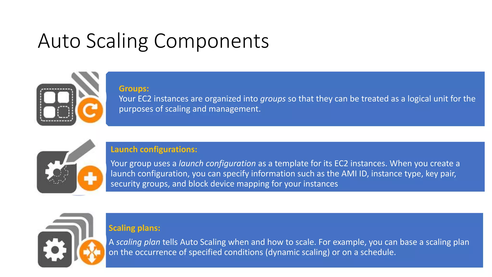 Auto Scaling Components
Groups:
Your EC2 instances are organized into groups so that they can be treated as a logical unit for the
purposes of scaling and management.
Launch configurations:
Your group uses a launch configuration as a template for its EC2 instances. When you create a
launch configuration, you can specify information such as the AMI ID, instance type, key pair,
security groups, and block device mapping for your instances
Scaling plans:
A scaling plan tells Auto Scaling when and how to scale. For example, you can base a scaling plan
on the occurrence of specified conditions (dynamic scaling) or on a schedule.
 