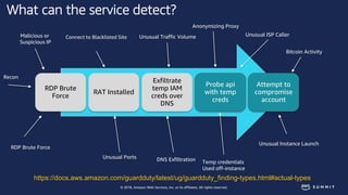 © 2018, Amazon Web Services, Inc. or its affiliates. All rights reserved.
What can the service detect?
RDP Brute
Force
RAT...
